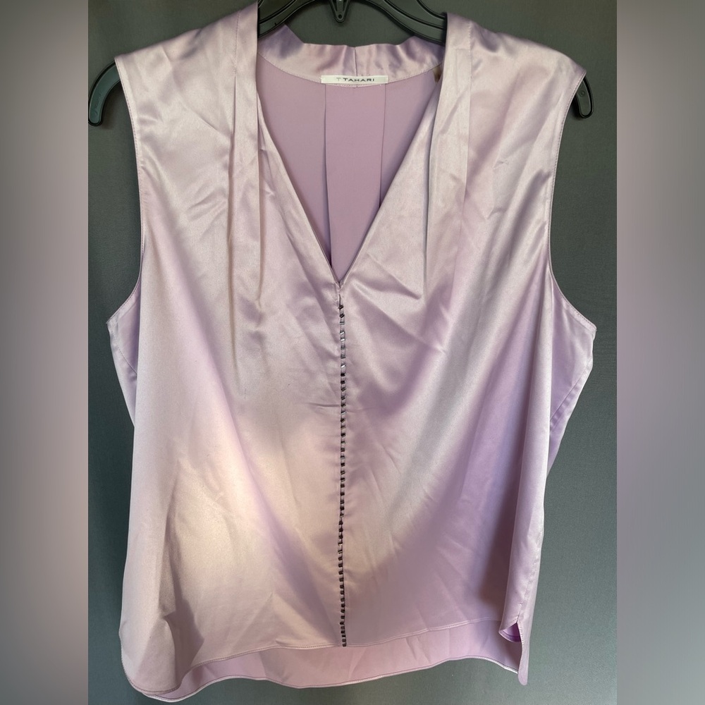 Tahari ladies lilac blouse with silver metallic trim, size large